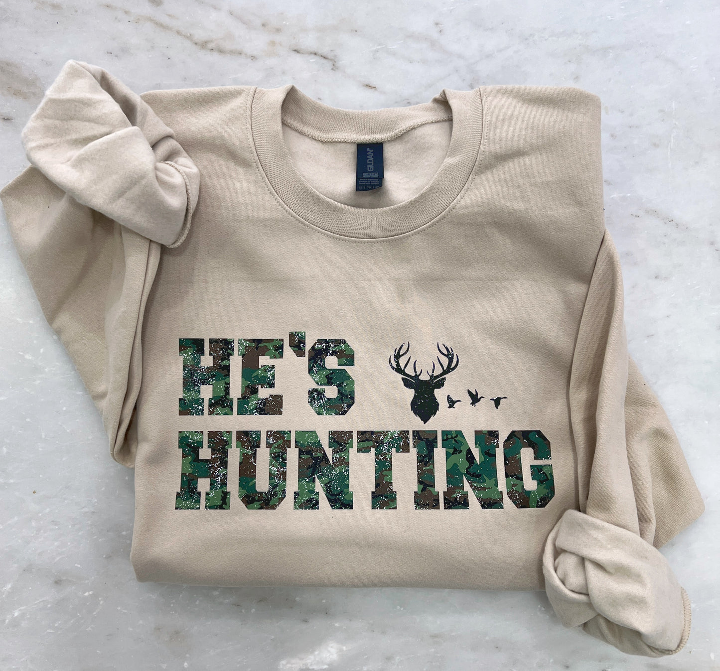 He’s Hunting • Camo • Crewneck
