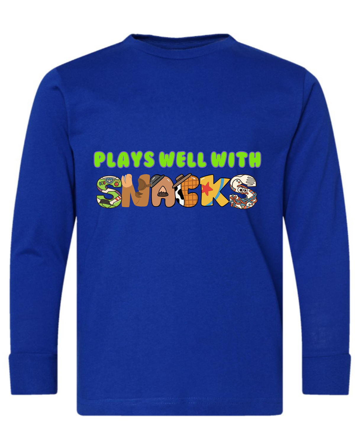 Kids T-Shirt • Plays Well With Snacks • Toy Movie Themed • Long or Short Sleeve