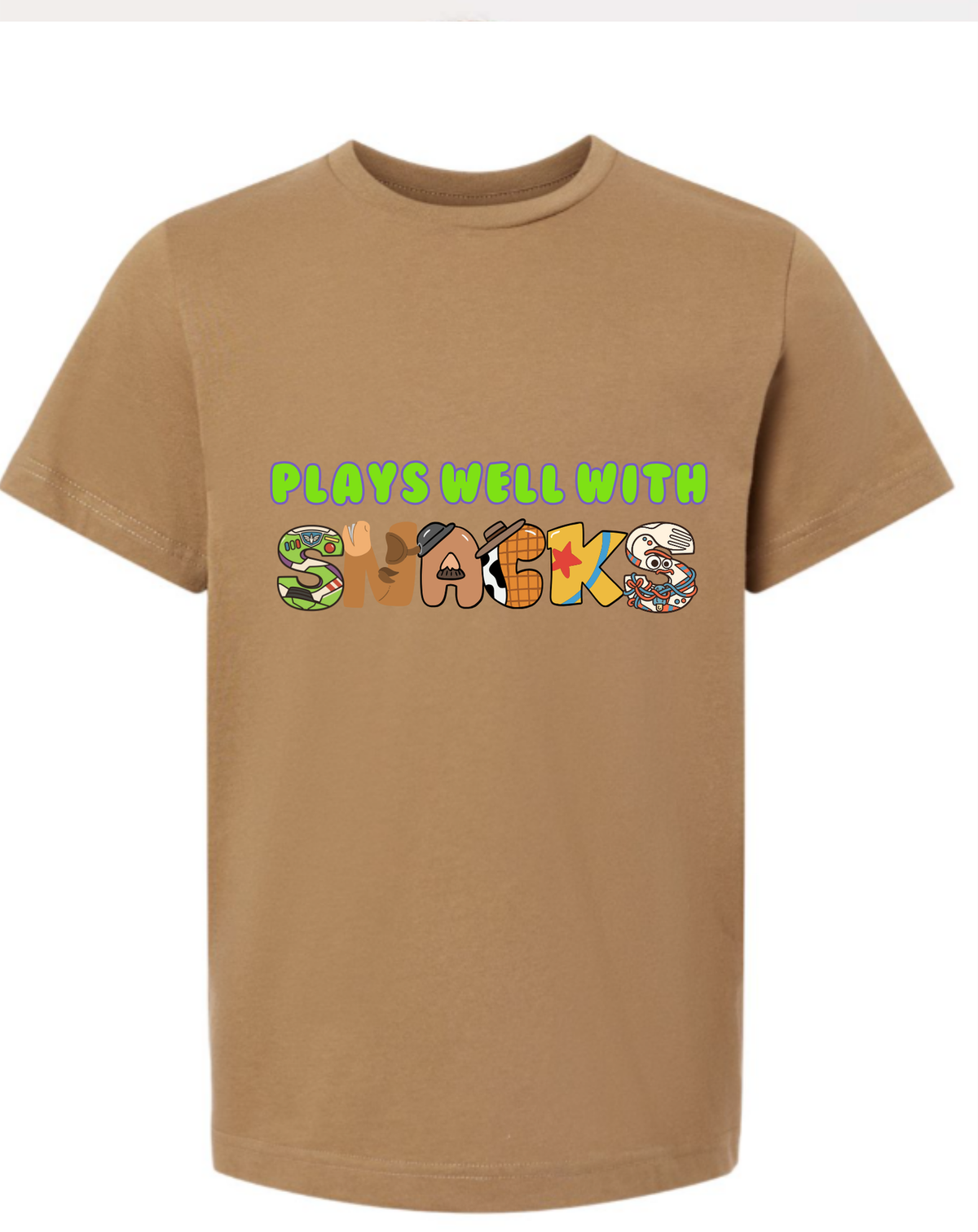 Kids T-Shirt • Plays Well With Snacks • Toy Movie Themed • Long or Short Sleeve