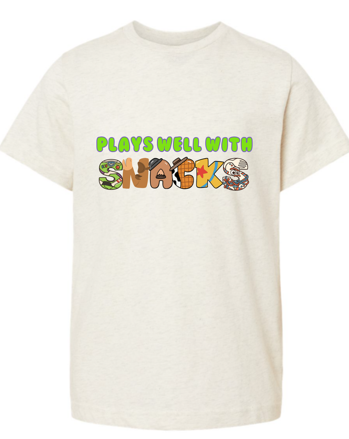 Kids T-Shirt • Plays Well With Snacks • Toy Movie Themed • Long or Short Sleeve