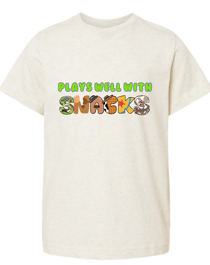 Kids T-Shirt • Plays Well With Snacks • Toy Movie Themed • Long or Short Sleeve