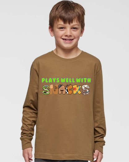 Kids T-Shirt • Plays Well With Snacks • Toy Movie Themed • Long or Short Sleeve