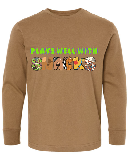 Kids T-Shirt • Plays Well With Snacks • Toy Movie Themed • Long or Short Sleeve