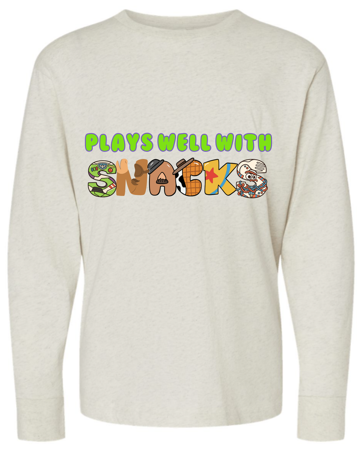 Kids T-Shirt • Plays Well With Snacks • Toy Movie Themed • Long or Short Sleeve