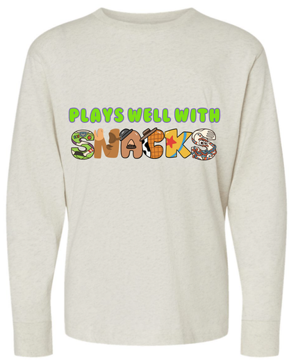 Kids T-Shirt • Plays Well With Snacks • Toy Movie Themed • Long or Short Sleeve